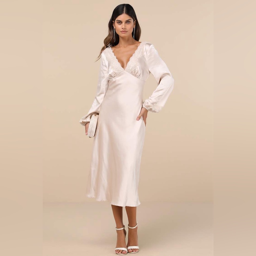 LULU’S ILLUSTRIOUS ELEGANCE SATIN LONG SLEEVE MID DRESS
